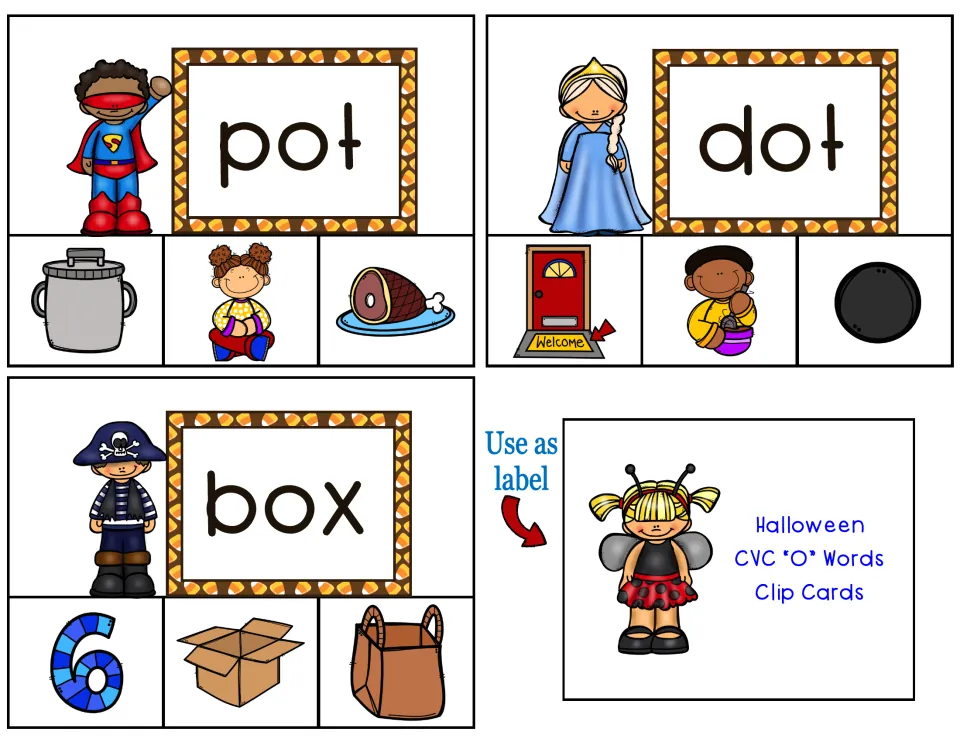 Clip cards 17–19: pot, dot and box with three picture choices each, plus the title label card for the storage box