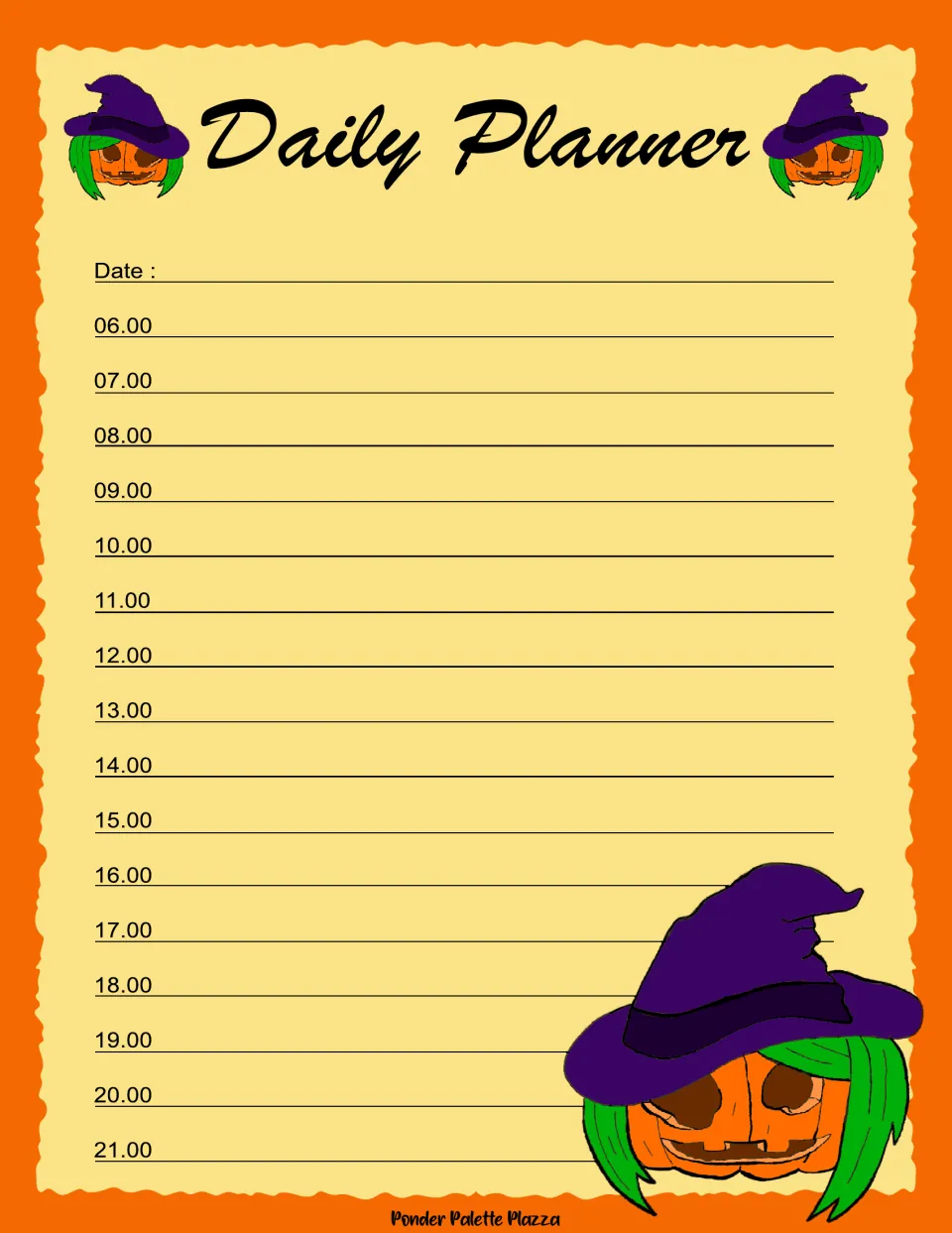 Daily planner sheet for Halloween scheduling, with a date field and hourly entries from 06.00 to 21.00.