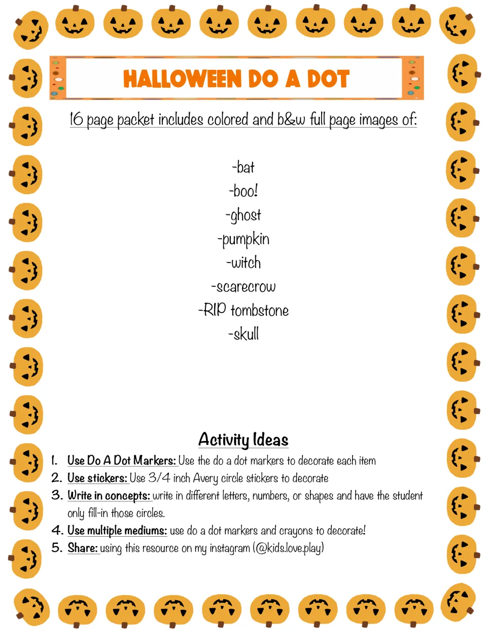 Halloween Do A Dot contents: bat, boo, ghost, pumpkin, witch, scarecrow, tombstone and skull images, with 5 activity ideas