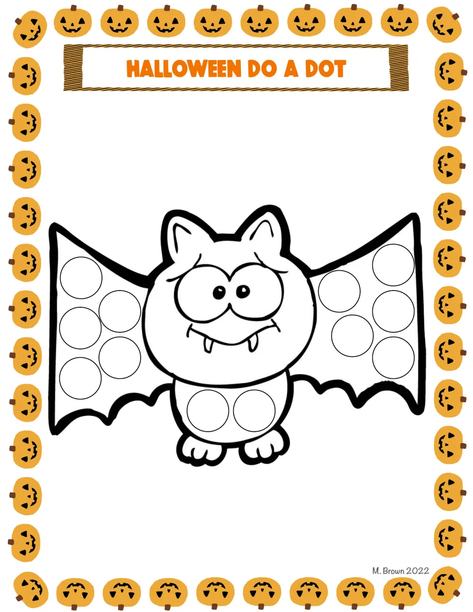 Smiling bat with fangs: students fill the 12 empty circles on its wings and belly with dot markers or round stickers