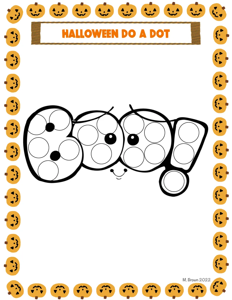Bubble-letter word BOO! with a smiling face: students dab a dot in each circle inside the letters and exclamation mark
