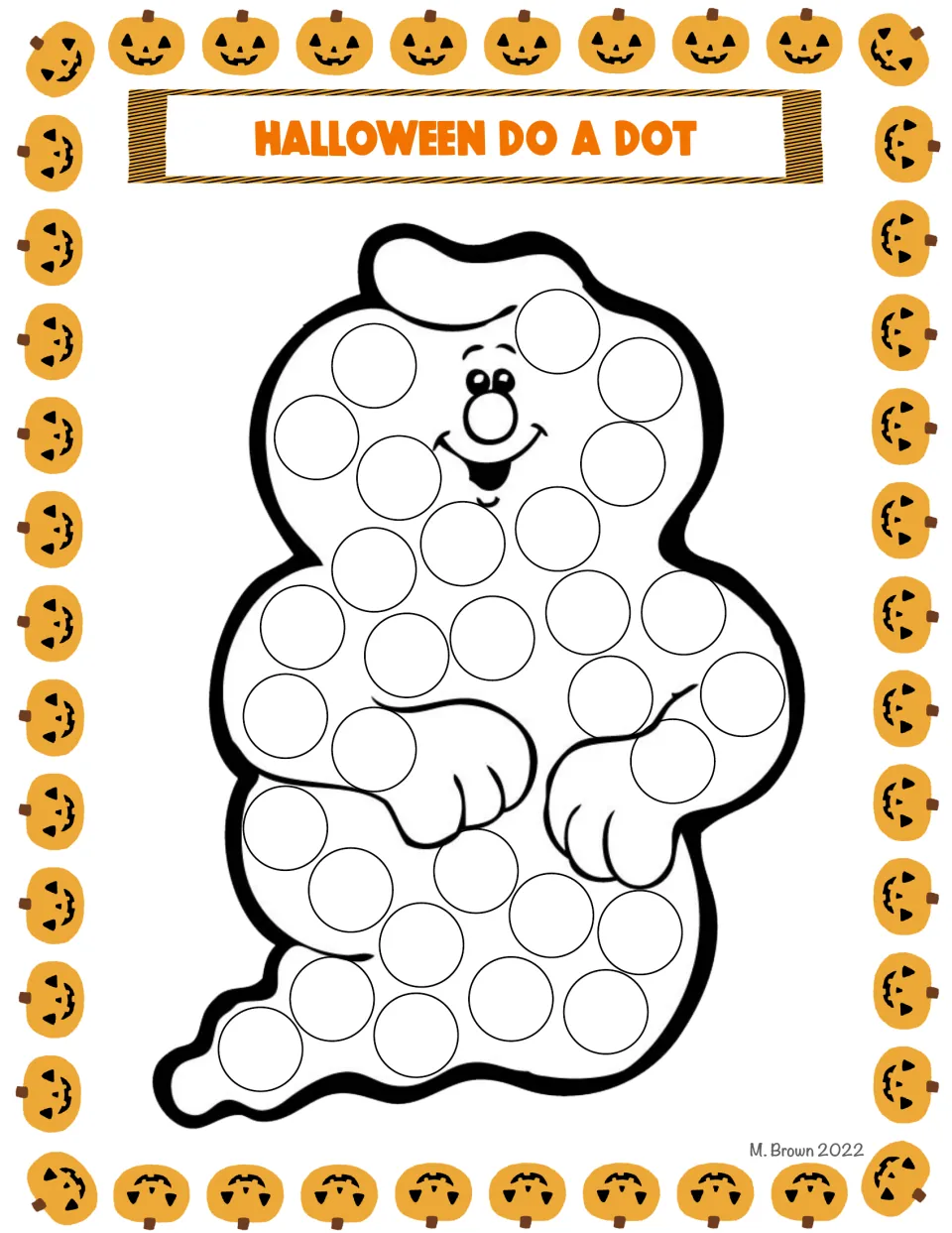 Smiling ghost with its arms curled: students dab a dot in each of the many circles covering its body