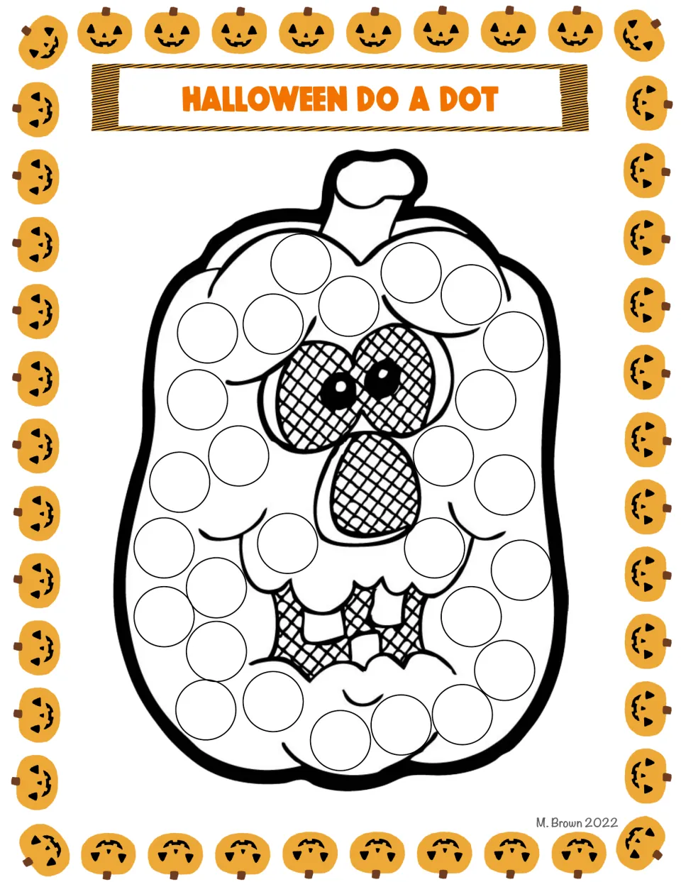 Surprised jack-o'-lantern with cross-hatched eyes and mouth: students dot each circle around the carved face