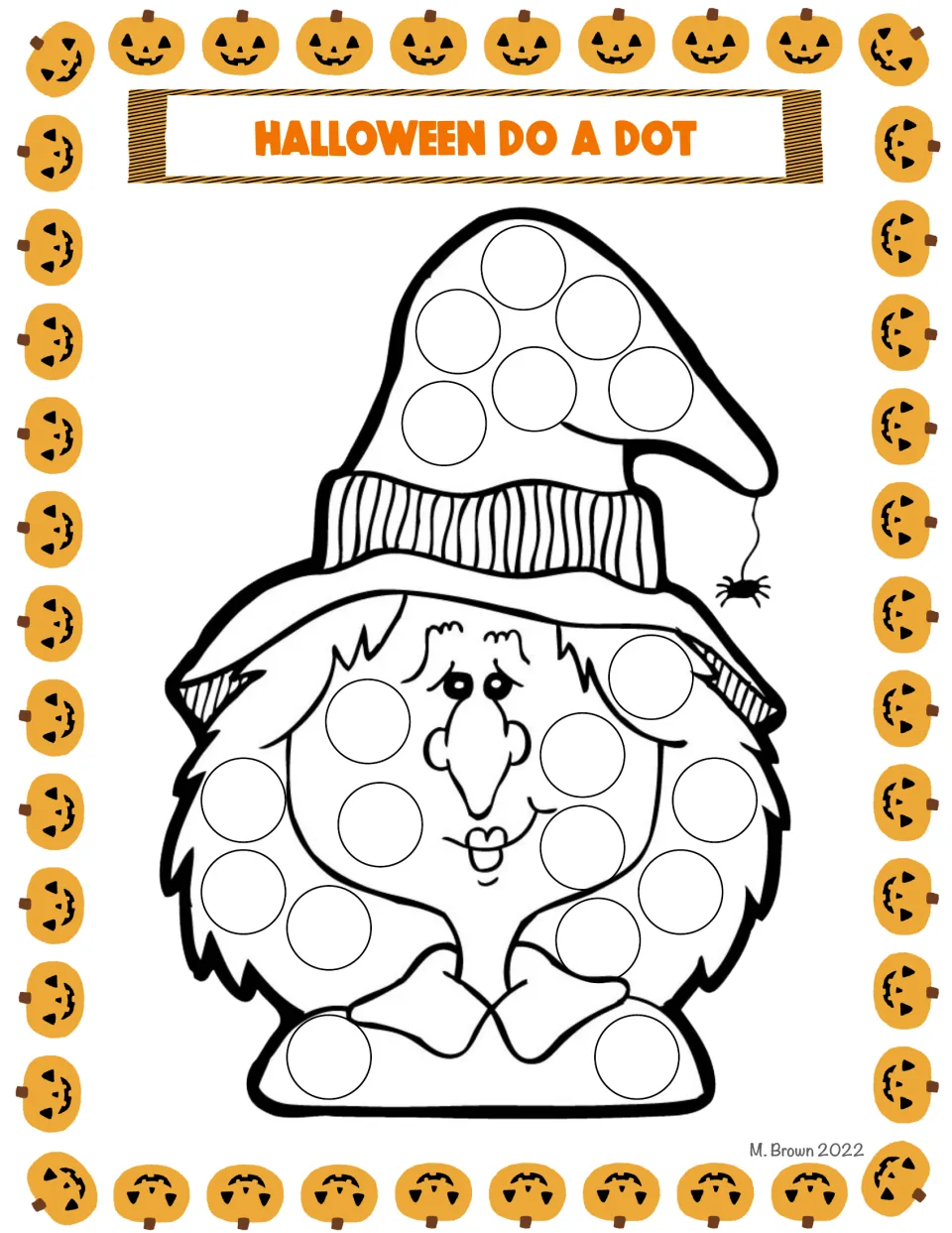 Witch in a pointed hat with a dangling spider: students dot the circles on her hat, hair and cloak