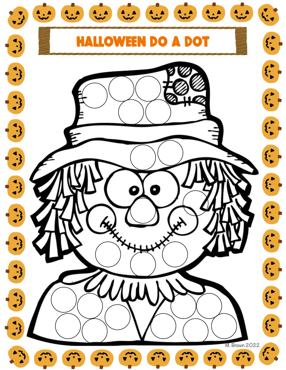 Scarecrow with a patched hat and straw hair: students dot circles on the hat, stitched-smile face and shirt