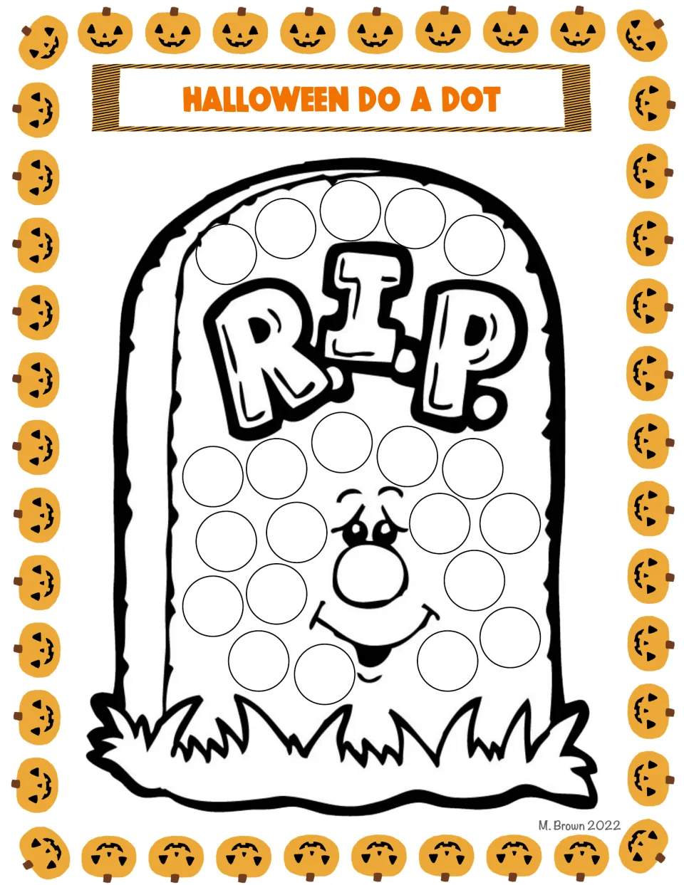 Smiling R.I.P. tombstone in grass: students dot the circles above the lettering and around the cartoon face