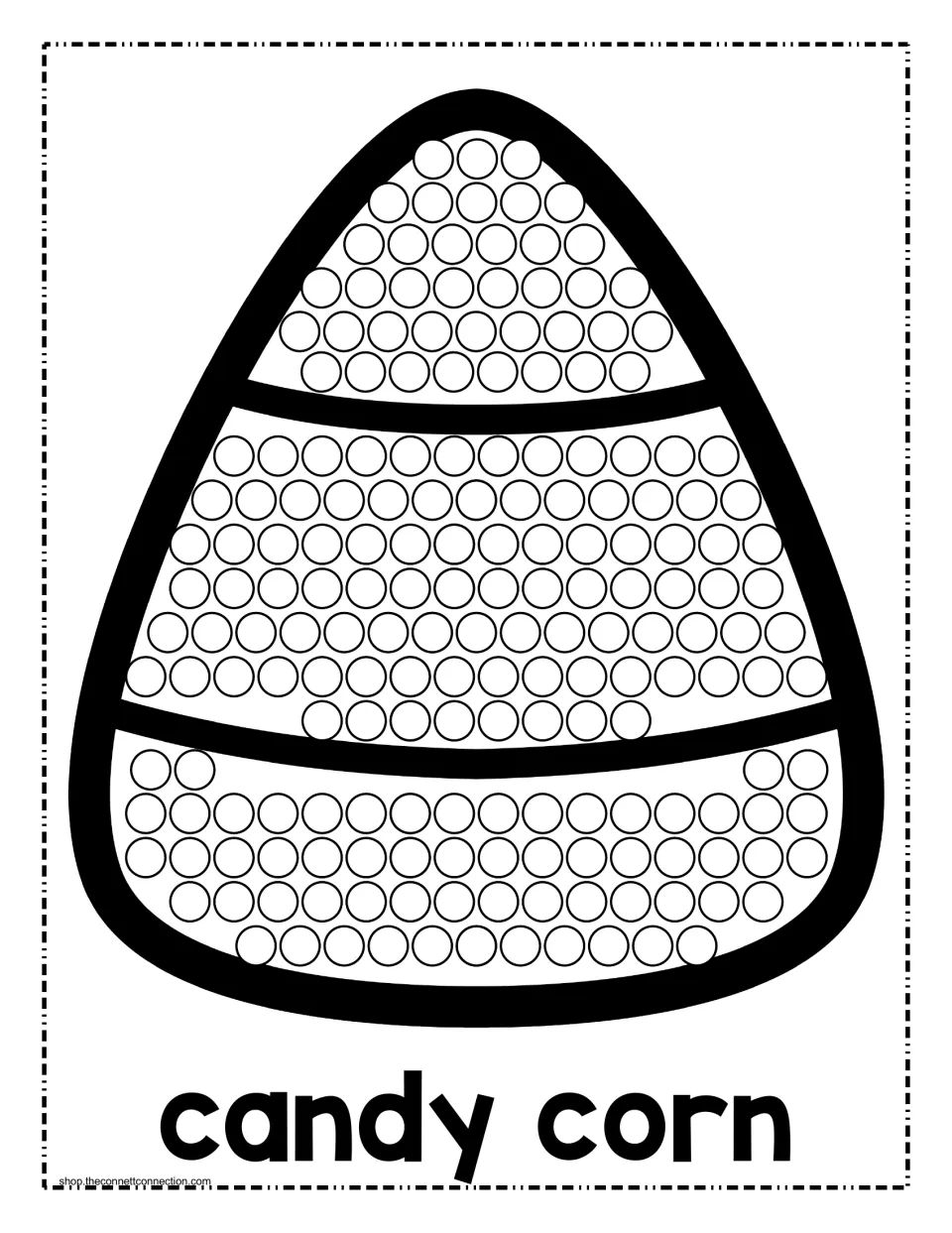 Halloween dot painting activity labeled 'candy corn': a three-section candy shape with circles to paint