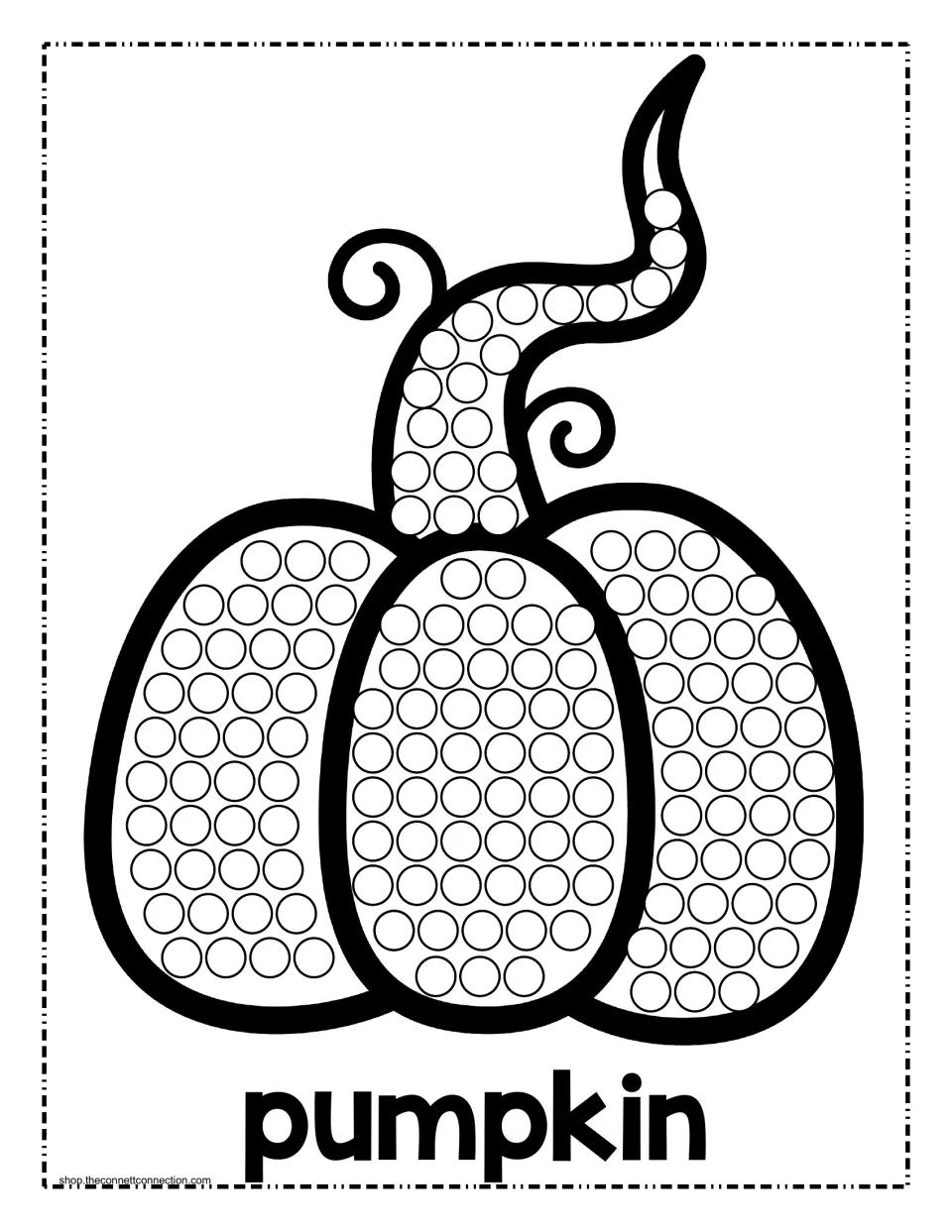 Halloween dot painting activity labeled 'pumpkin': a pumpkin and curling stem filled with circles to paint