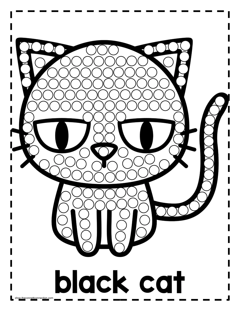 Halloween dot painting activity labeled 'black cat': a seated cat with circles across its head, body, and tail