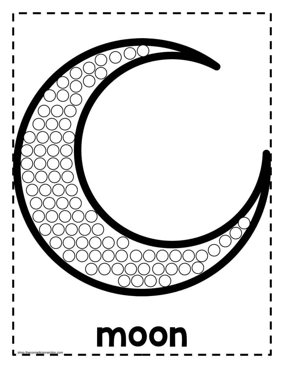 Halloween dot painting activity labeled 'moon': a large crescent moon filled with small circles to paint