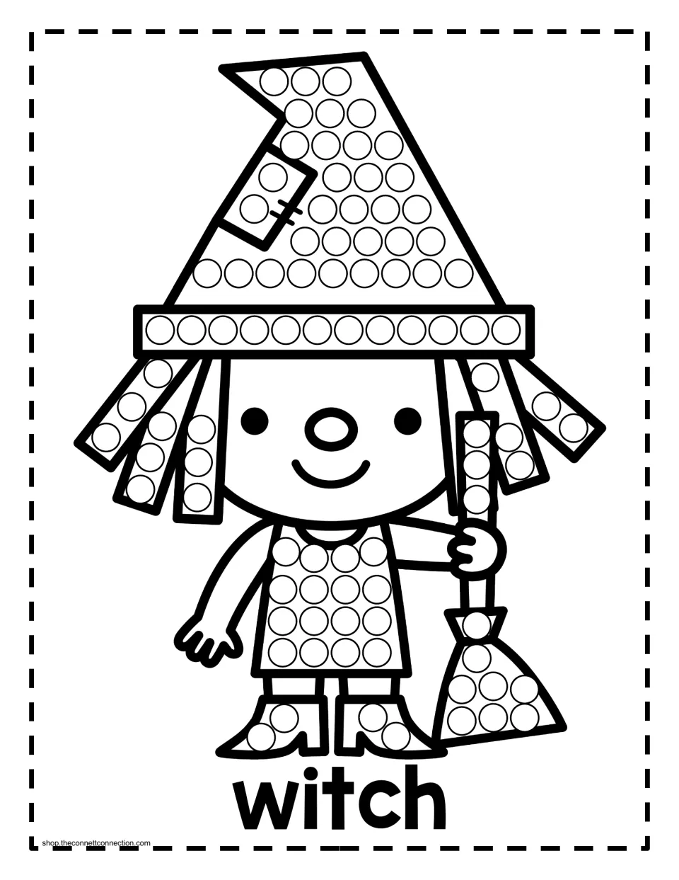 Halloween dot painting activity labeled 'witch': a witch holding a broom, with circles on her hat and dress