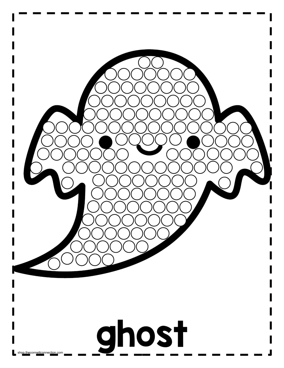 Halloween dot painting activity labeled 'ghost': a smiling ghost with outstretched arms and circles to paint