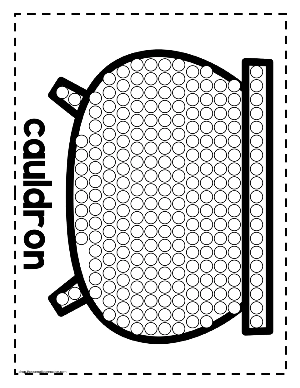Halloween dot painting activity labeled 'cauldron': a rounded pot with circles across its body, rim, and feet