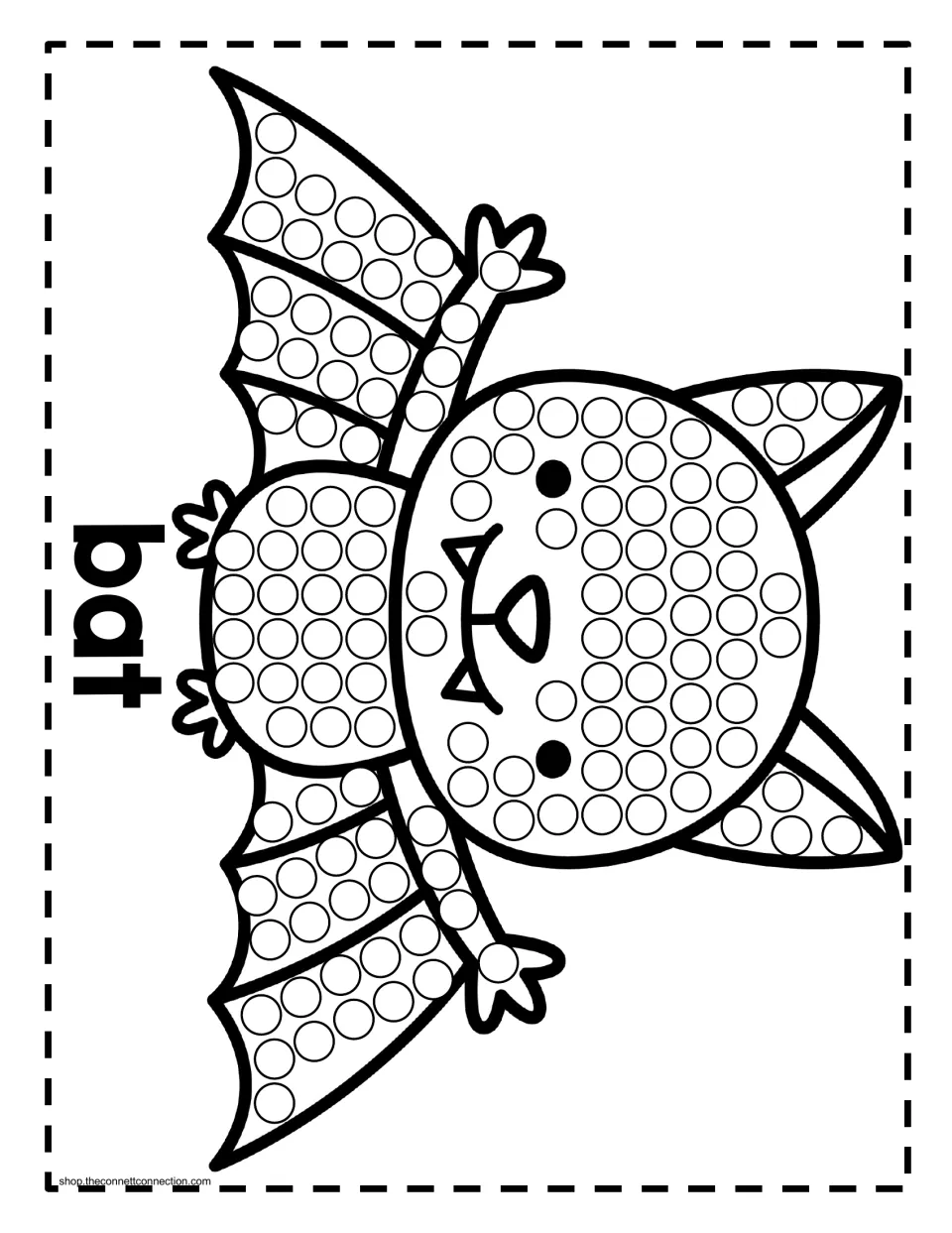 Halloween dot painting activity labeled 'bat': a smiling bat with circles across its head, body, and wings