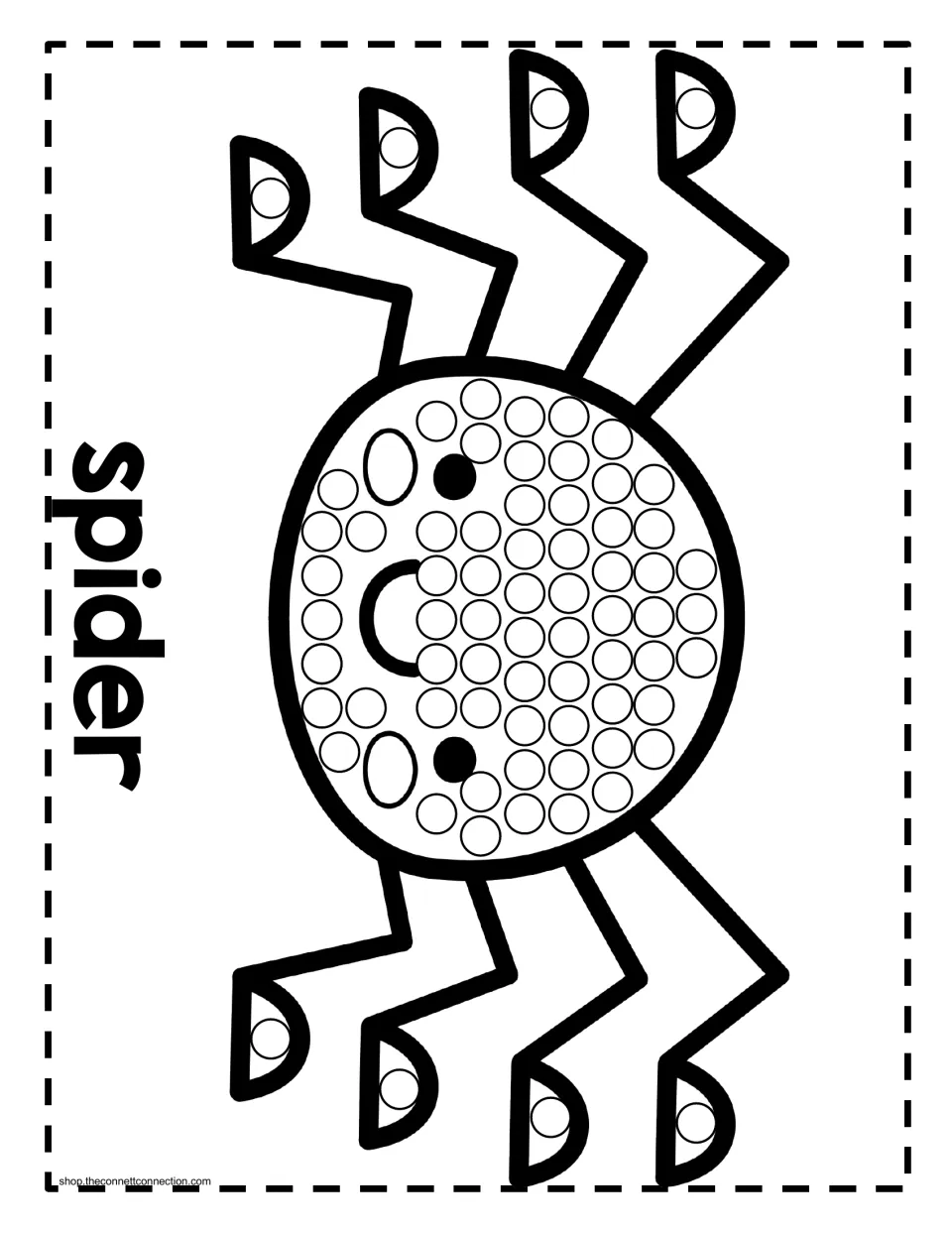 Halloween dot painting activity labeled 'spider': a smiling eight-legged spider with circles to paint