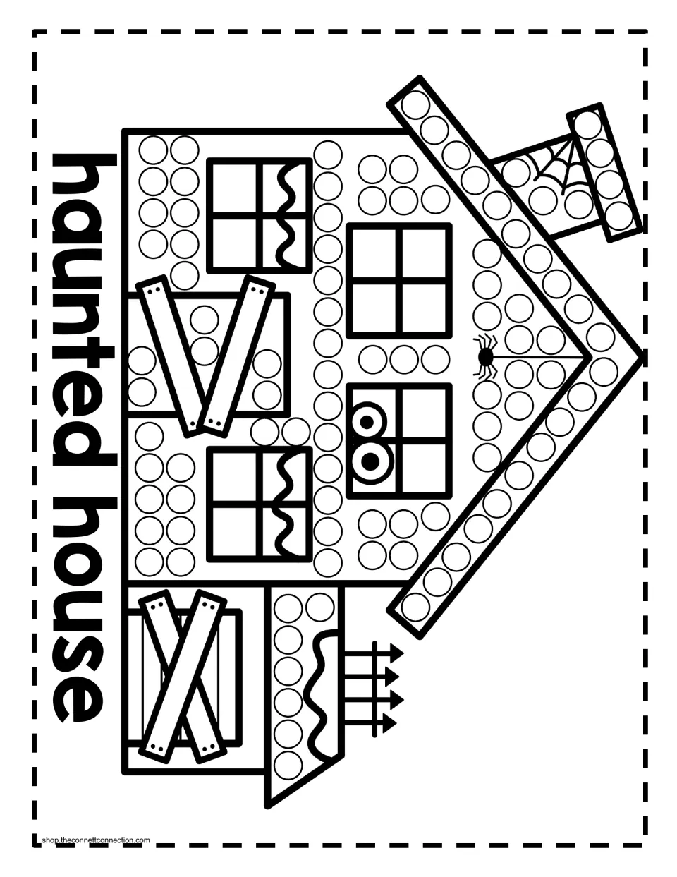 Halloween dot painting activity labeled 'haunted house': a house with boarded doors and circles to paint