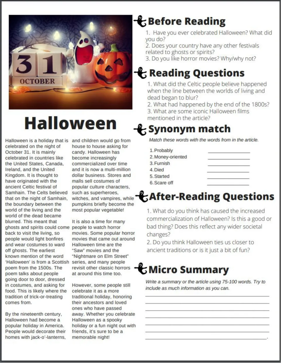 Halloween history reading: students answer before, during and after questions, match 6 synonyms and write a micro summary