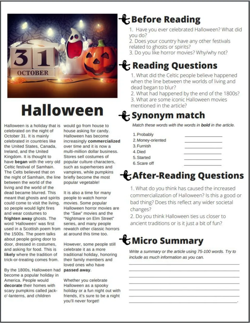 Easier Halloween article with key words in bold so students can match synonyms like probably and died, then summarize