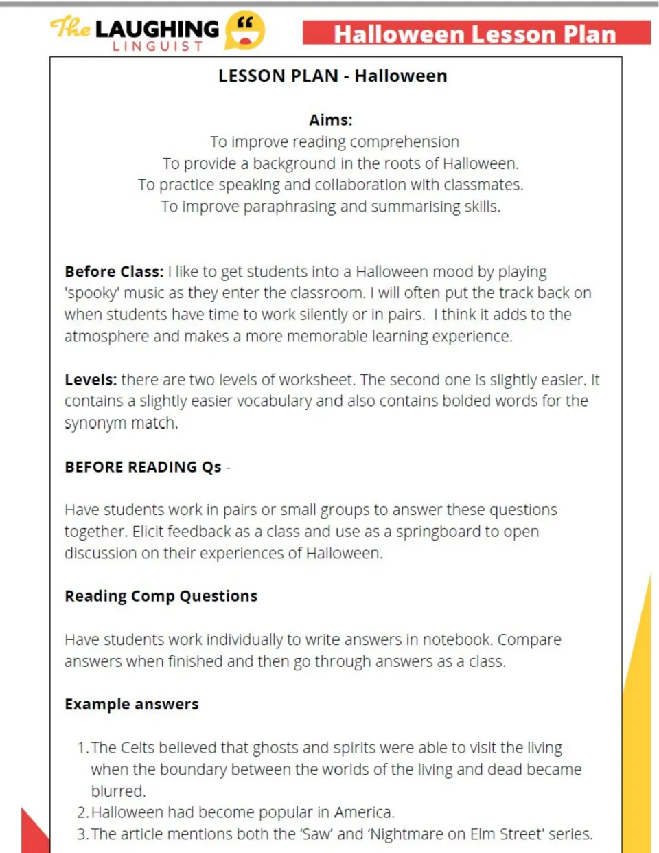 Halloween lesson plan listing aims, a spooky-music opener, pair talk for before-reading and example reading answers