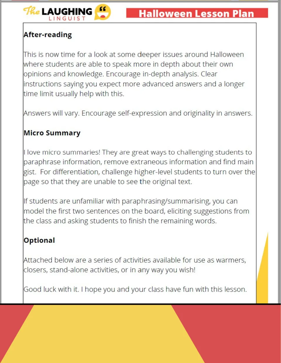 Lesson plan notes on after-reading discussion and micro summary paraphrasing, with a tip to hide the text for strong readers