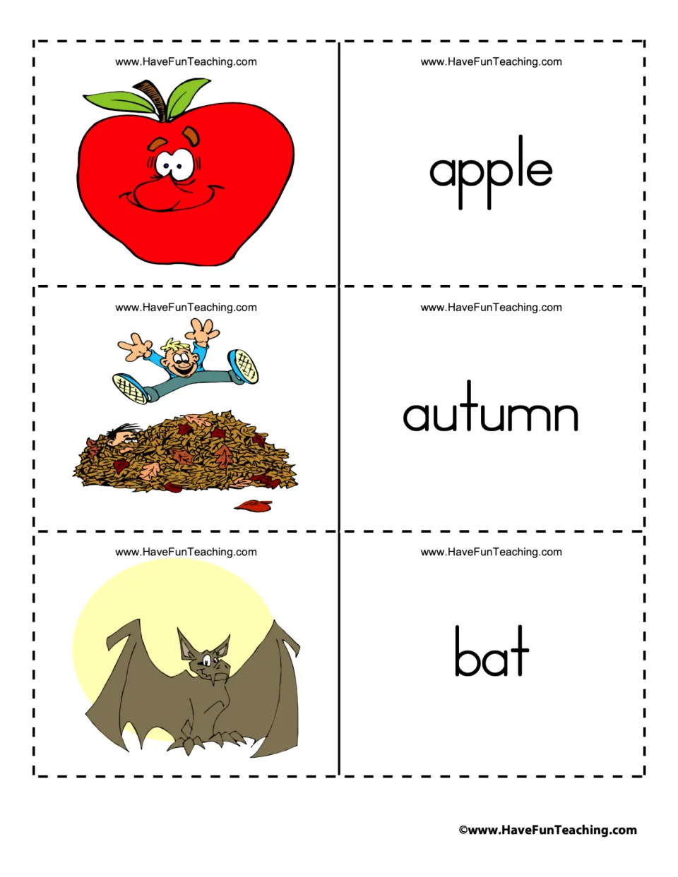 Halloween flashcard pairs 1–3: apple, autumn, and bat, illustrated by an apple, falling leaves, and a bat