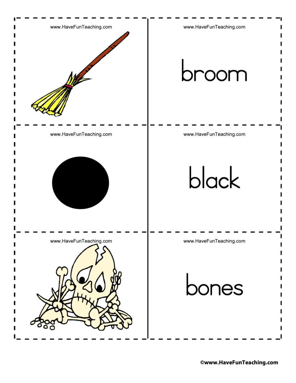 Halloween flashcard pairs 4–6: broom, black, and bones, illustrated by a broom, black circle, and bones