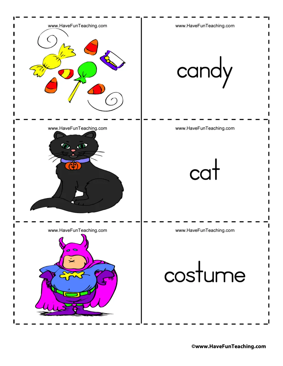Halloween flashcard pairs 7–9: candy, cat, and costume, paired with sweets, a black cat, and a costumed child