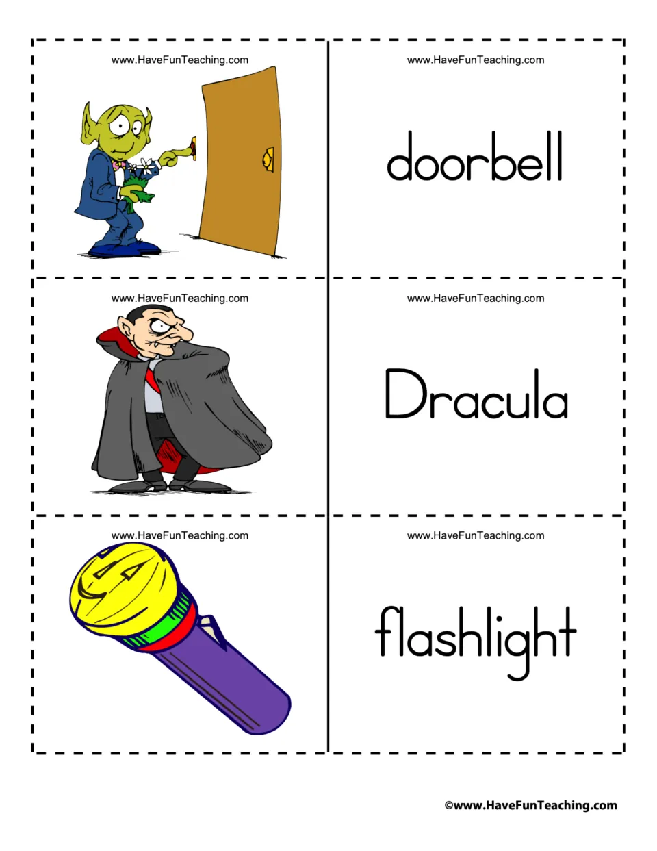 Halloween flashcard pairs 10–12: doorbell, Dracula, and flashlight, each paired with a matching illustration