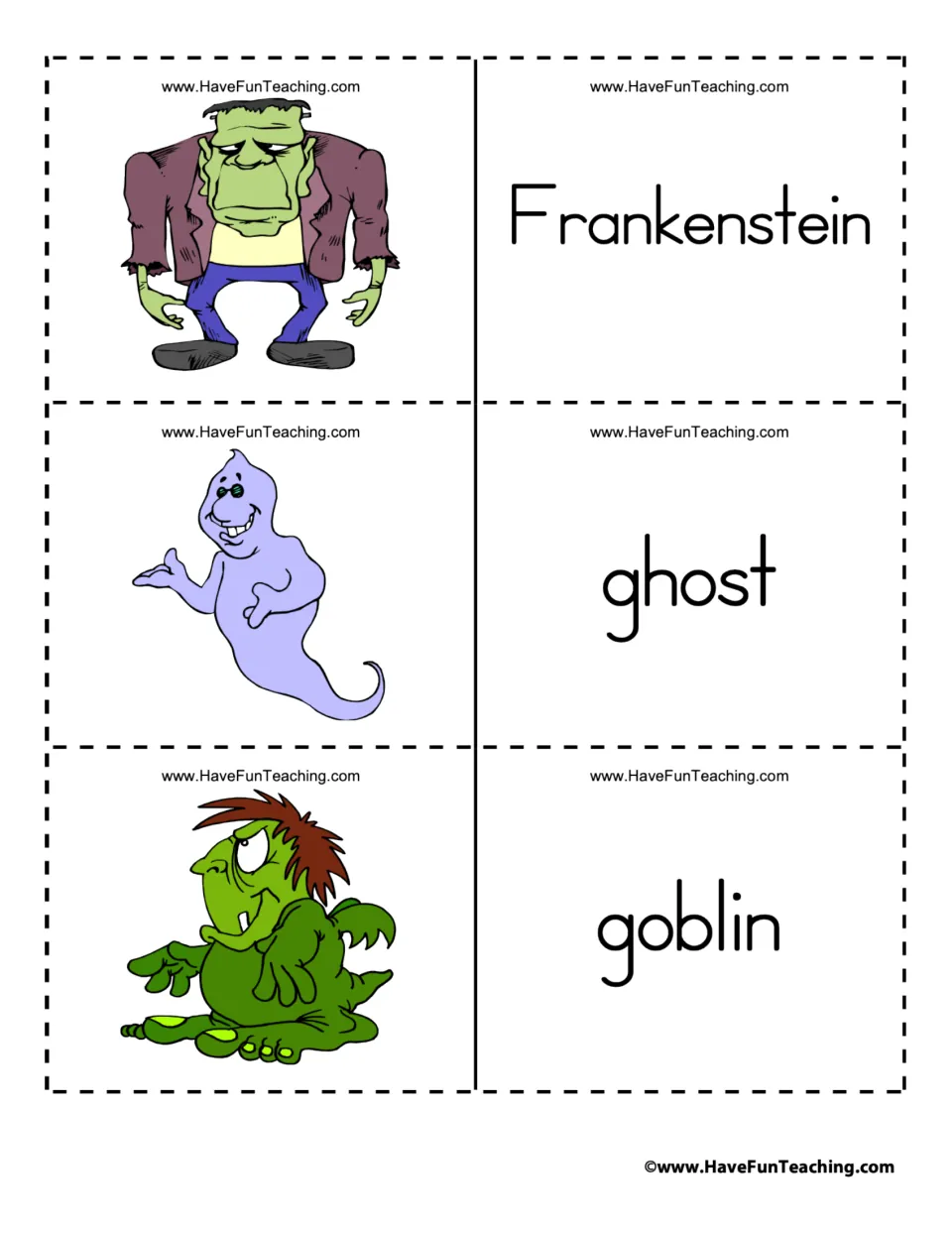 Halloween flashcard pairs 13–15: Frankenstein, ghost, and goblin, each paired with a character illustration