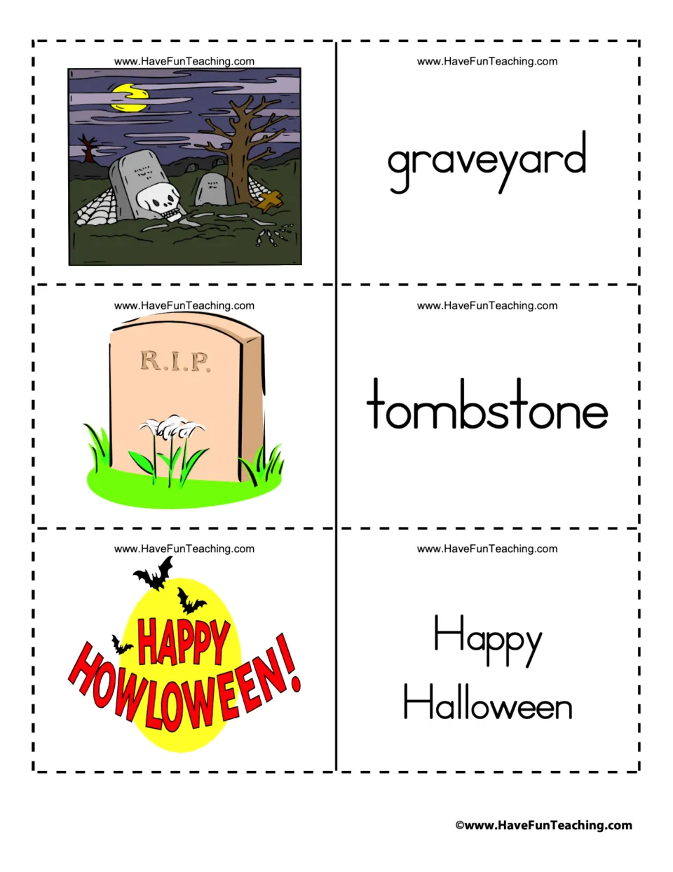 Halloween flashcard pairs 16–18: graveyard, tombstone, and Happy Halloween, paired with themed pictures