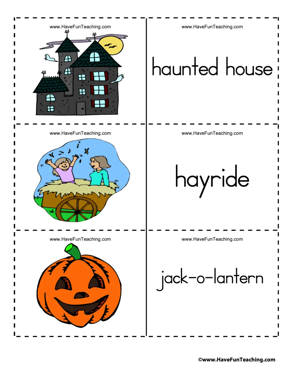 Halloween flashcard pairs 19–21: haunted house, hayride, and jack-o-lantern, each paired with an illustration