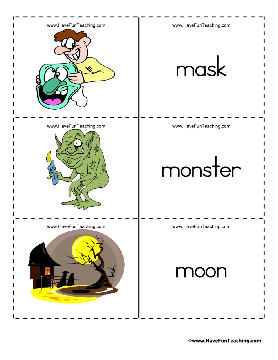 Halloween flashcard pairs 22–24: mask, monster, and moon, paired with a held mask, green monster, and moonlit scene