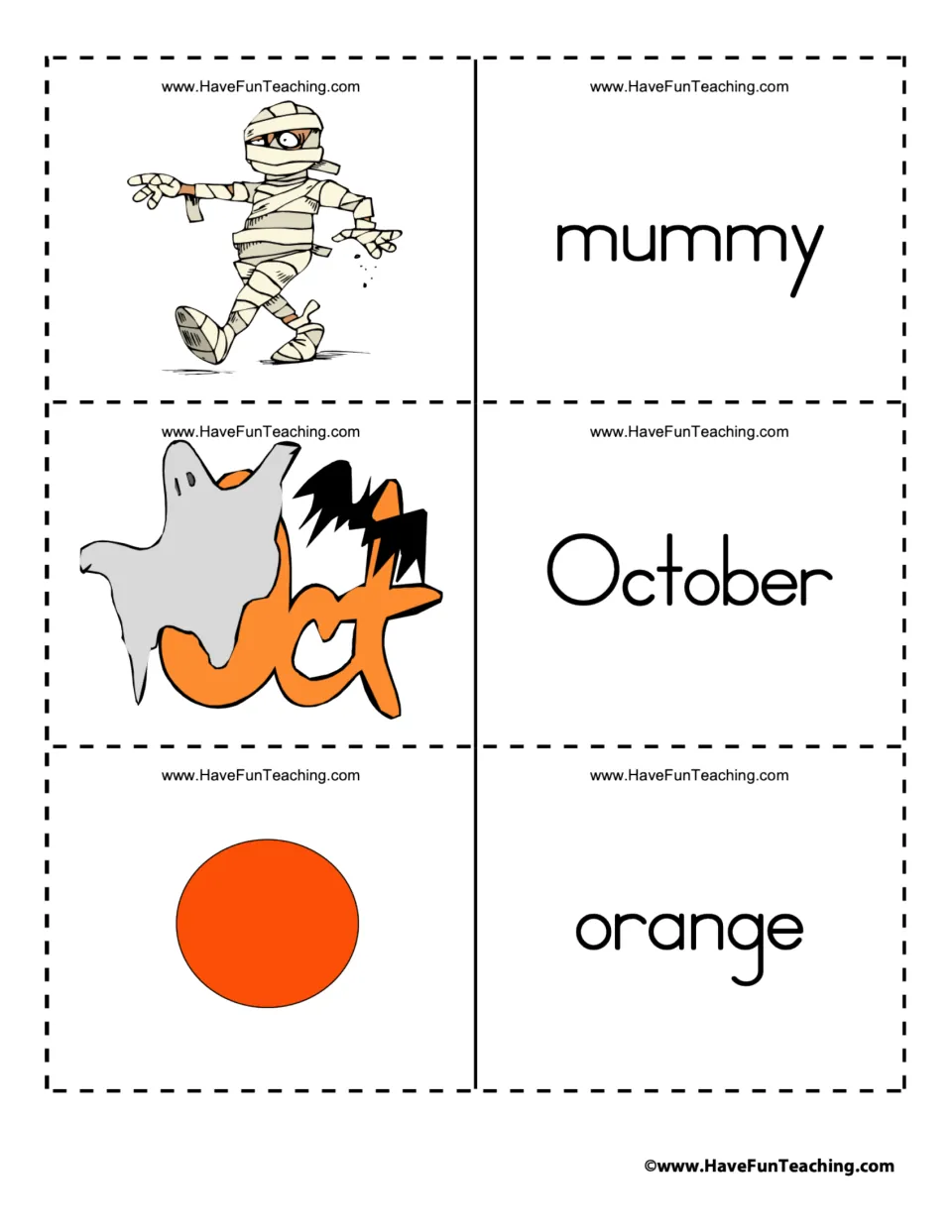 Halloween flashcard pairs 25–27: mummy, October, and orange, paired with a mummy, Oct lettering, and orange circle