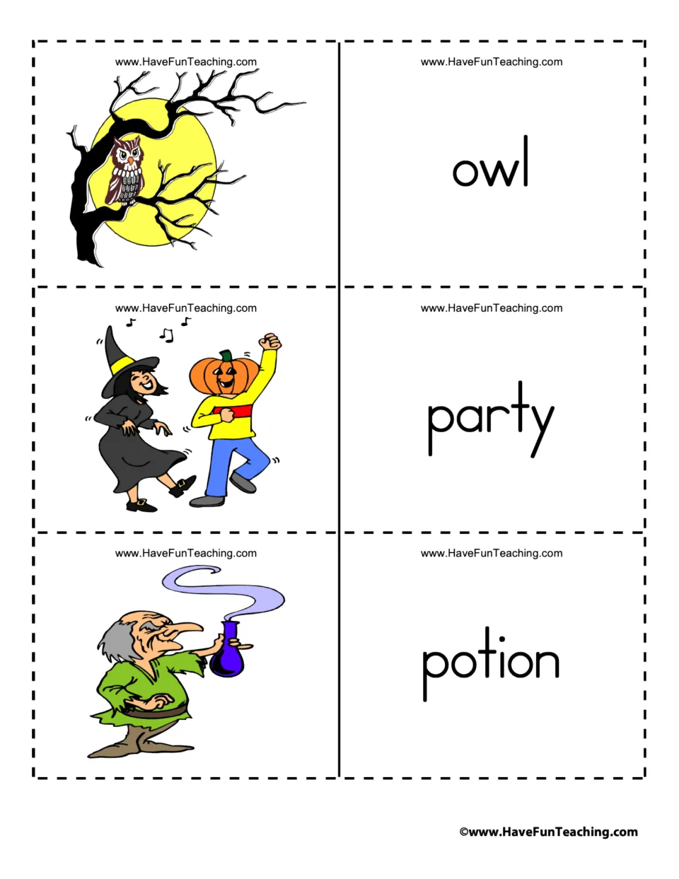 Halloween flashcard pairs 28–30: owl, party, and potion, paired with an owl, costumed dancers, and a smoking flask