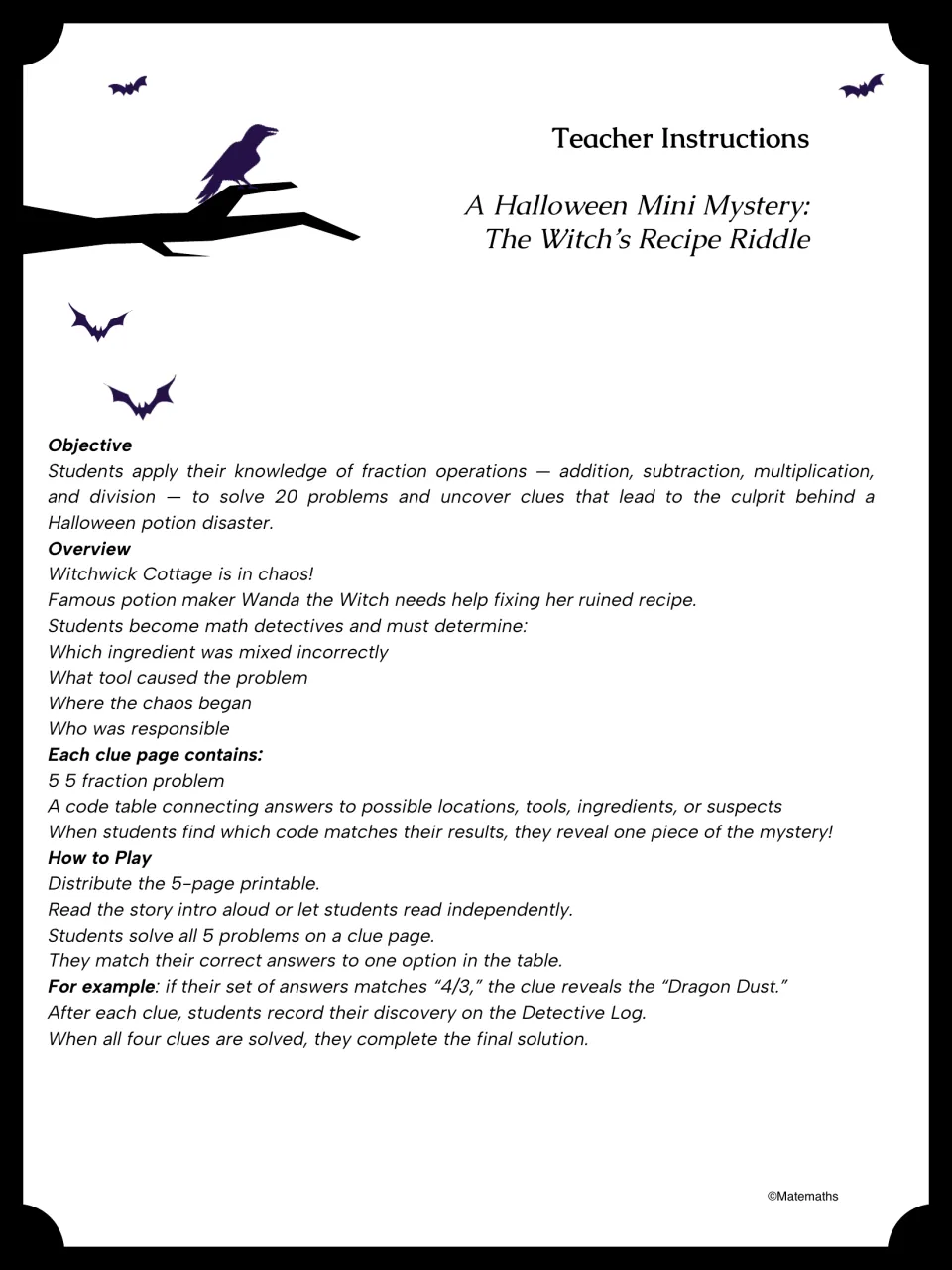 Teacher instructions for the fraction mystery explain the 20 problems, code tables, and detective log.
