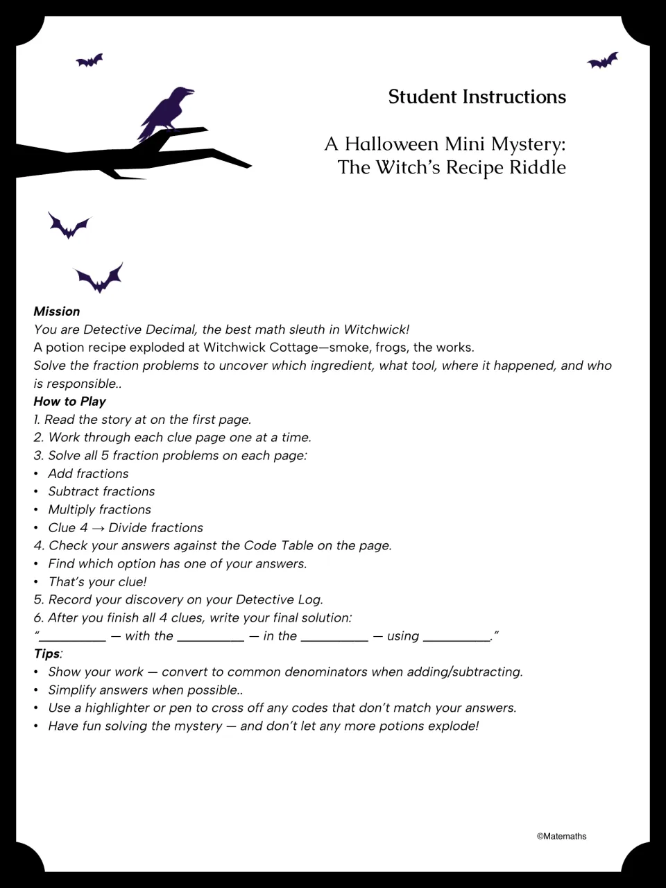 Student instructions explain how Detective Decimal solves fraction problems and records four mystery clues.
