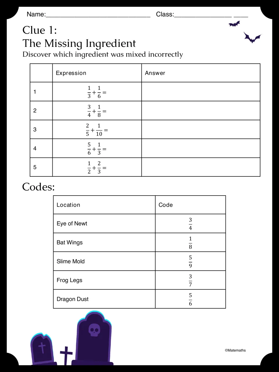 Clue 1, The Missing Ingredient, has five fraction addition problems and ingredient codes including Dragon Dust.