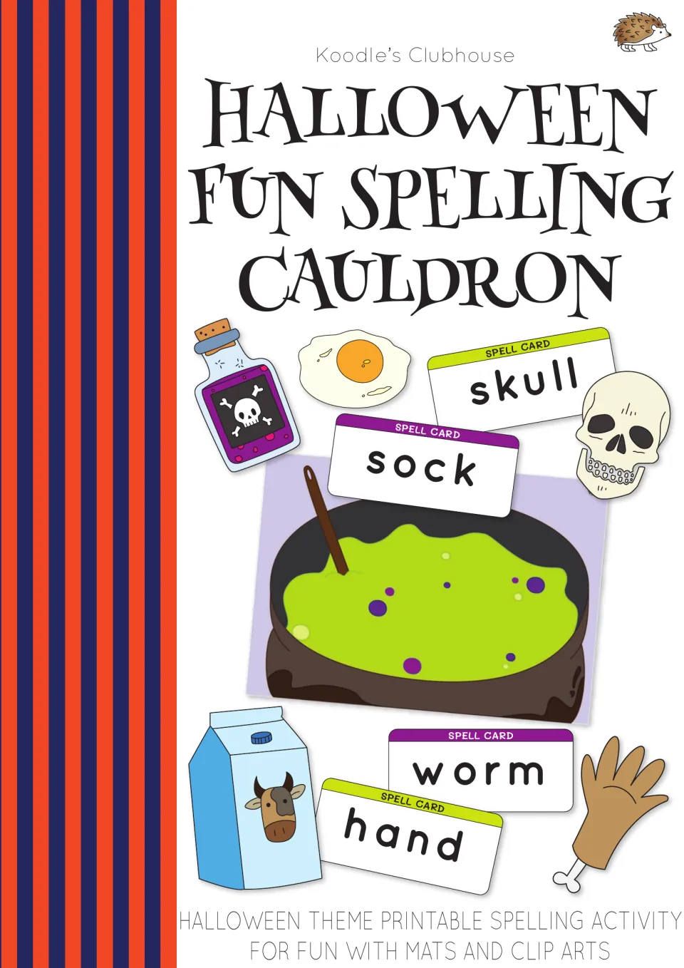 Halloween Fun Spelling Cauldron cover showing a cauldron mat and sample skull, sock, worm, and hand cards