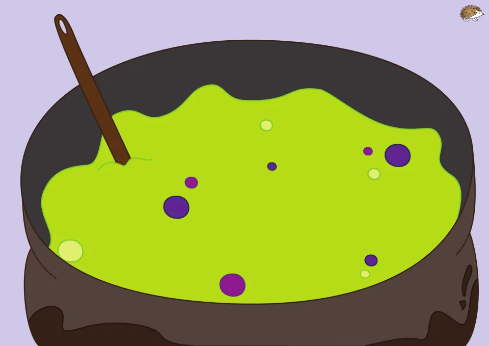 First cauldron mat for the spelling activity, showing green potion where children place picture cutouts