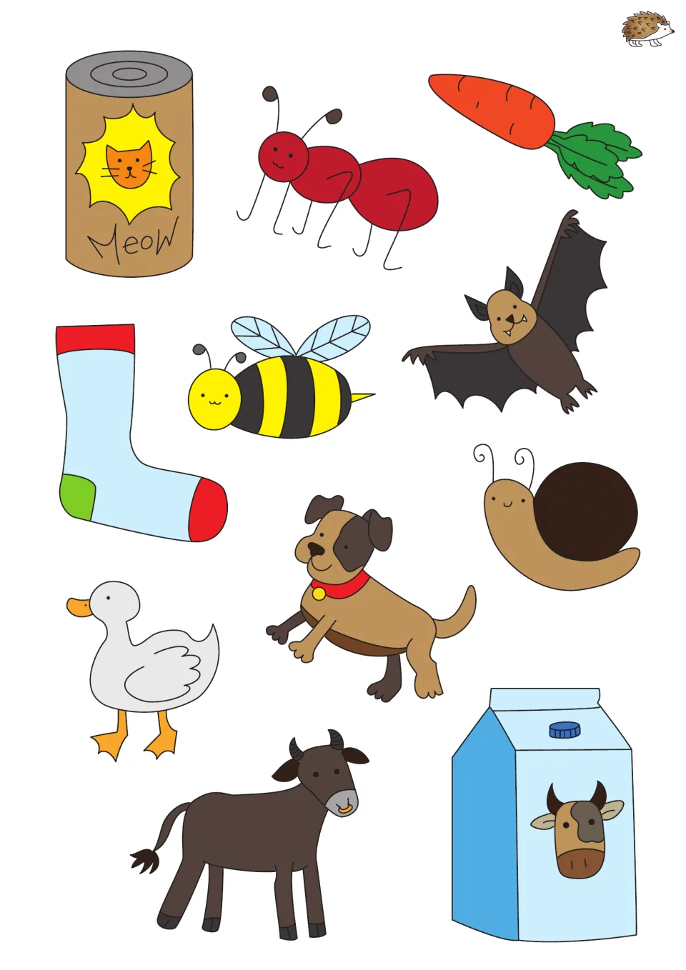 Spelling picture cutouts: can, ant, carrot, sock, bee, bat, duck, dog, bull, and milk for the cauldron mats
