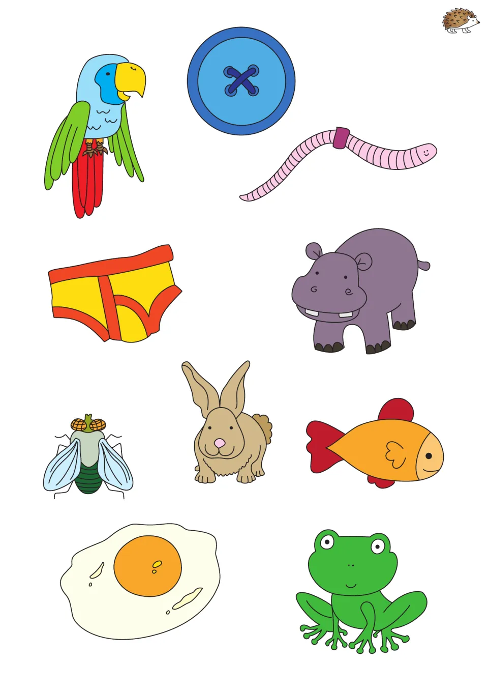 Cauldron spelling cutouts: parrot, button, worm, underwear, hippo, fly, rabbit, fish, egg, and frog pictures