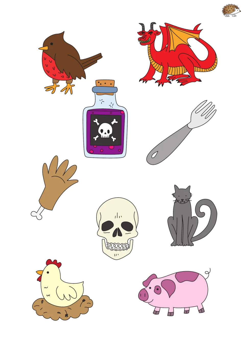 Cauldron spelling cutouts: bird, dragon, poison bottle, fork, hand, skull, cat, hen, and pig pictures