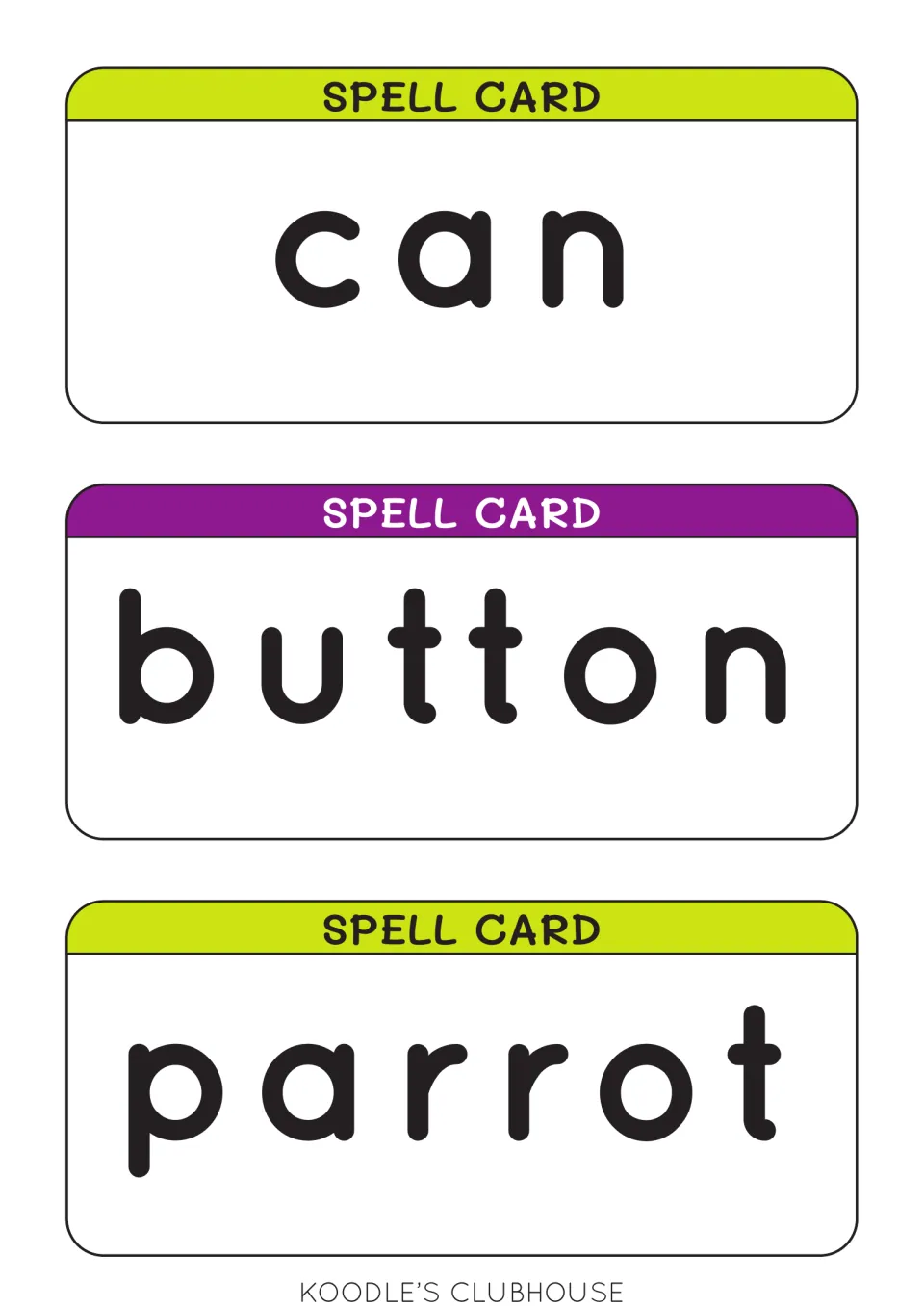 Spelling cards 1–3 of the 30-card cauldron activity: can, button, and parrot, for matching to picture cutouts