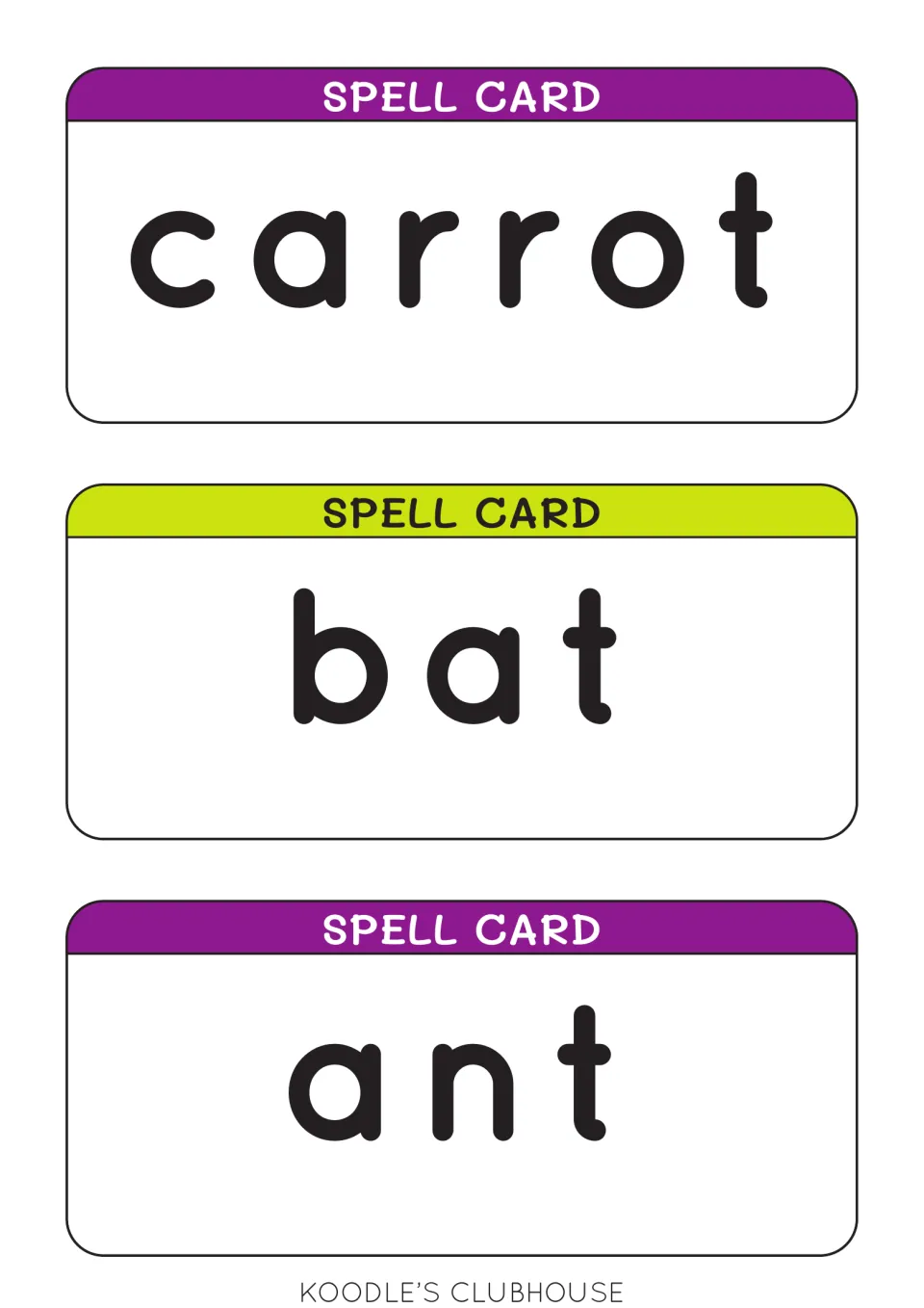 Spelling cards 4–6 of the 30-card cauldron activity: carrot, bat, and ant, for matching to picture cutouts