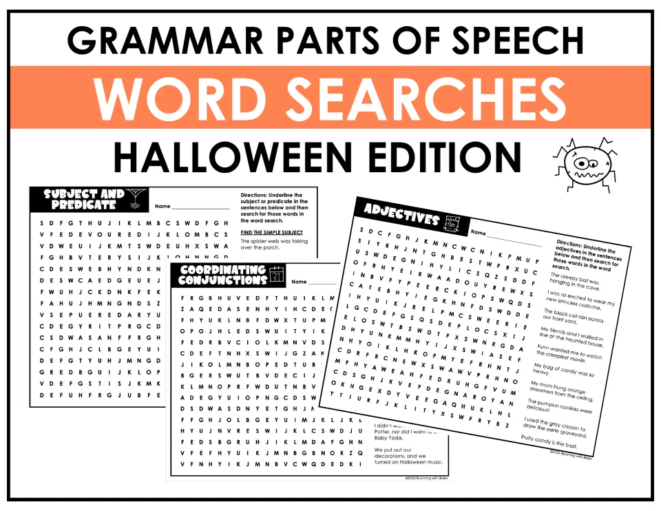 Cover: Grammar Parts of Speech Word Searches, Halloween Edition, previewing adjectives and conjunctions puzzle sheets