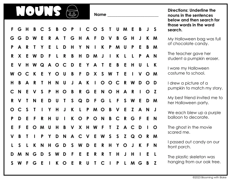 Nouns: students underline nouns like costume and pumpkin in 10 Halloween sentences, then find them in the word search