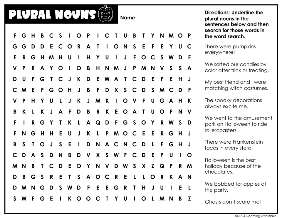 Plural nouns: students underline plurals like pumpkins and ghosts in 10 Halloween sentences, then locate each word