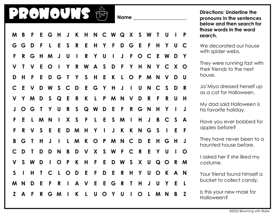Pronouns: students underline they, herself, his and other pronouns in 10 Halloween sentences, then find them