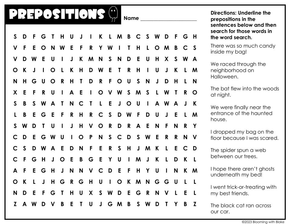 Prepositions: students underline words like inside, through and underneath in 10 Halloween sentences, then find each one