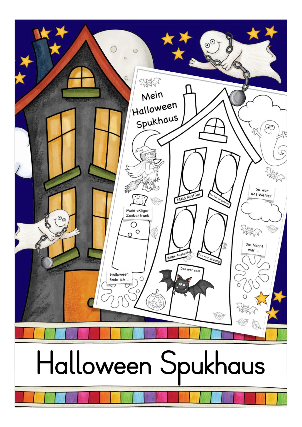 Halloween Spukhaus cover: German haunted house reflection sheet shown with a ghost, stars and a night house